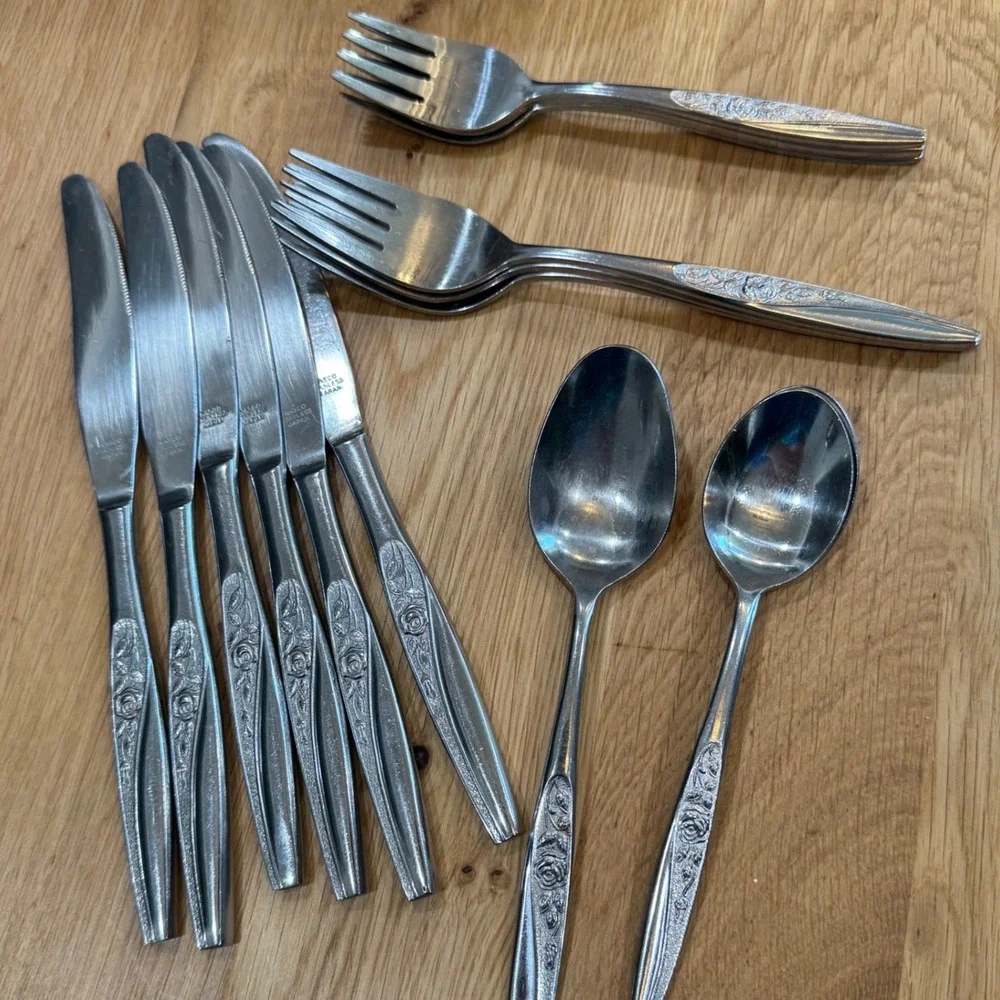 Nasco Embrace Stainless 18 Pc Flatware Set Japan Rose Floral Design Knives Forks